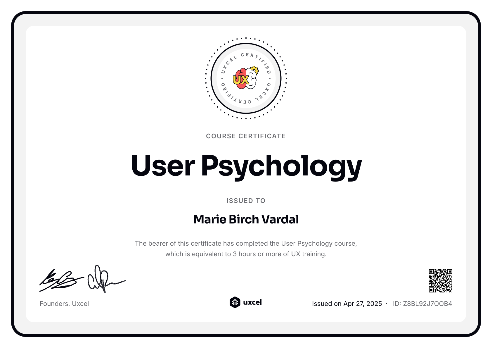 Marie Birch Vardal's certificate
